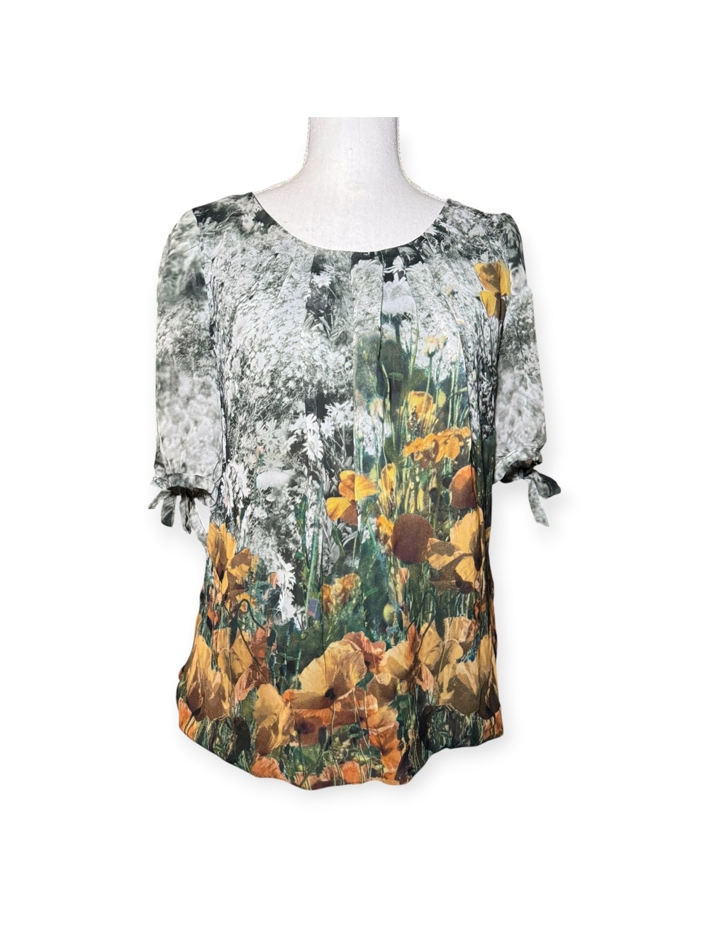 Flower Print Floral Blouse Tie Puff Cap Sleeve Yellow Green Daisy Size Large EUC